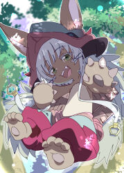 Rule 34 | 1other, :d, animal ears, animal hands, body fur, brown fur, claws, commentary request, furry, green eyes, hat, ixy, looking at viewer, made in abyss, nanachi (made in abyss), open mouth, pants, red pants, short hair, smile, solo, whiskers, white hair