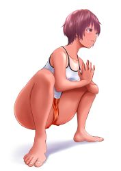 Rule 34 | 1girl, bare legs, barefoot, blush, breasts, brown hair, collarbone, feet, female focus, highres, covered erect nipples, orange shorts, original, panties, panty peek, parted lips, red eyes, red shorts, shiny skin, shirt, short hair, short shorts, shorts, simple background, small breasts, soles, solo, spread legs, squatting, tan, tank top, tanline, teeth, thick thighs, thighs, toenails, toes, tomboy, underwear, uriens, white background, white shirt, yoga