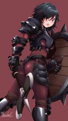 Rule 34 | 1girl, armor, ass, axe, battle axe, berengaria (unicorn overlord), black hair, bodysuit, breastplate, eyelashes, eyeshadow, faulds, gauntlets, hair over one eye, highres, holding, holding axe, holding shield, makeup, one eye closed, parted lips, purple eyeshadow, ravenhart, red background, red bodysuit, red eyes, shield, simple background, solo, spiked shield, unicorn overlord, weapon