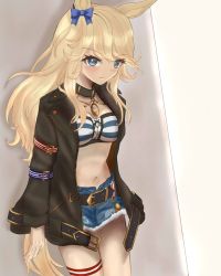 Rule 34 | 1girl, absurdres, animal ears, bandeau, belt, black belt, black choker, black jacket, blonde hair, blue bow, blue eyes, blush, bow, breasts, choker, cleavage, commentary, cowboy shot, cutoffs, denim, denim shorts, gold city (umamusume), hair bow, highres, horse ears, jacket, long hair, long sleeves, looking at viewer, midriff, navel, open clothes, open jacket, pen gorou, short shorts, shorts, solo, standing, stomach, strapless, striped bandeau, tail, thigh strap, thighs, tube top, umamusume