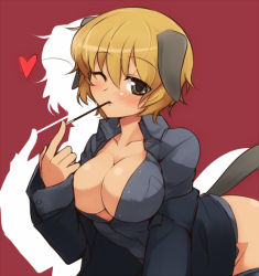 Rule 34 | 10s, 1girl, animal ears, bad id, bad pixiv id, black eyes, blonde hair, blush, brave witches, breasts, cleavage, clothes pull, food, large breasts, null (nyanpyoun), one eye closed, open clothes, open shirt, pantyhose, pantyhose pull, pocky, shirt, short hair, solo, strike witches, tail, waltrud krupinski, wink, world witches series