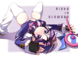 Rule 34 | 1girl, aisha landar, bad id, bad pixiv id, black gloves, blush, border, bow, bow panties, character name, coat, copyright name, dutch angle, elsword, fingerless gloves, full body, gloves, hair tubes, looking at viewer, looking back, lying, m legs, magician (elsword), matching hair/eyes, no nose, outside border, panties, pinyshi, purple background, purple eyes, purple hair, purple skirt, purple theme, shoes, short hair, skirt, smile, solo, spread legs, thighhighs, underwear, upskirt, wand, white border, white panties, white thighhighs