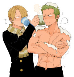 Rule 34 | 2boys, abs, annoyed, black coat, black pants, blonde hair, blush, buttons, coat, collarbone, commentary, cropped legs, crossed arms, cup, curly eyebrows, drinking, earrings, facial hair, green hair, hair over one eye, highres, holding, holding cup, iqracha, jewelry, long bangs, looking at another, male focus, multiple boys, muscular, muscular male, one eye closed, one piece, pants, roronoa zoro, sanji (one piece), scar, scar on chest, scarf, short hair, simple background, single earring, snot, snow, snow on body, snow on head, steam, stubble, topless male, translated, trembling, v-shaped eyebrows, white background, yellow scarf