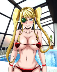 1girl bikini blonde_hair blue_eyes blush breasts cleavage hakodate_omiko indoors kill_la_kill large_breasts long_hair looking_at_viewer micro_bikini narrow_waist navel pool red_bikini scope sharp_teeth side-tie_bikini_bottom sketch smile solo swimsuit teeth the_golden_smurf twintails underboob