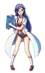 Rule 34 | 1girl, blue hair, female focus, fictional persona, full body, glasses, kneehighs, lab coat, legs, loafers, long hair, red eyes, self-portrait, shoes, simple background, socks, softmode, solo, swimsuit, white background, wrench