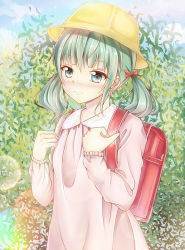 Rule 34 | 1girl, 3:, 7lark, backpack, bag, blush, bow, day, green eyes, green hair, hair bow, hair ornament, hair ribbon, hat, hatsune miku, leaf, light particles, looking at viewer, matching hair/eyes, randoseru, ribbon, school hat, sky, solo, twintails, vocaloid, aged down