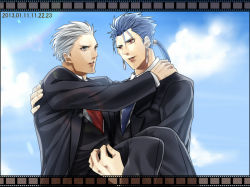 Rule 34 | 2boys, archer (fate), bad id, bad pixiv id, blue hair, carrying, cu chulainn (fate), dark skin, dark-skinned male, dated, earrings, fate/stay night, fate (series), film strip, formal, grey eyes, jewelry, cu chulainn (fate/stay night), long hair, male focus, mitsuki mitsuno, multiple boys, necktie, ponytail, princess carry, red eyes, suit, white hair