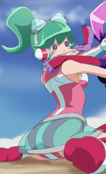 Rule 34 | 1girl, arched back, armpits, ass, blue eyes, blue sky, blush stickers, boots, breasts, calen (time bokan), cloud, day, foreshortening, from side, gloves, green hair, haruyama kazunori, leotard, medium breasts, miniskirt, outdoors, pencil skirt, ponytail, see-through, see-through skirt, short hair, sitting, skirt, sky, solo focus, time bokan (series), time bokan 24, v-shaped eyebrows, wariza