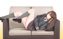 Rule 34 | 1girl, aqua eyes, black footwear, blazer, blue necktie, brown hair, buttons, collared shirt, couch, full body, gradient background, grey socks, headphones, headphones around neck, jacket, kneehighs, lasel, legs, long sleeves, looking at viewer, lying, mouth hold, necktie, on back, on couch, original, pillow, pleated skirt, purple skirt, school uniform, shirt, shoes, simple background, skirt, socks, solo, white background, white shirt, yellow background
