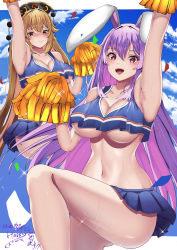 Rule 34 | 2girls, absurdres, alternate costume, armpits, blonde hair, blue skirt, blue tank top, blush, breasts, cheerleader, cleavage, commentary request, crop top, highres, hossy, junko (touhou), large breasts, light purple hair, lips, long hair, looking at viewer, midriff, miniskirt, multiple girls, open mouth, pleated skirt, pom pom (cheerleading), purple hair, red eyes, reisen udongein inaba, skirt, smile, sweat, tank top, thighs, touhou, underboob, very long hair