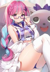 Rule 34 | 1girl, ahoge, anchor symbol, ayamy, bespectacled, braid, breasts, commentary request, glasses, highres, hololive, jacket, large breasts, minato aqua, minato aqua (sailor), multicolored hair, neko (minato aqua), panties, purple eyes, sleeveless, solo, thighhighs, thighs, twin braids, underwear, virtual youtuber