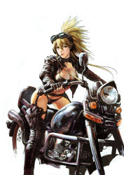 Rule 34 | 1girl, azazel1944, backlighting, biker, black bra, black footwear, black gloves, black jacket, blonde hair, boots, bra, breasts, cigarette, cleavage, collar, fat mons, fingerless gloves, garter belt, gloves, goggles, goggles on head, gun, hair between eyes, helmet, highres, hip focus, holster, jacket, knife, large breasts, leather, leather jacket, lips, looking at viewer, motor vehicle, motorcycle, mouth hold, navel, no pants, no shirt, nose, original, pink lips, shiny clothes, shiny skin, short hair with long locks, sidelocks, sideways glance, solo, spiked hair, stomach, thigh boots, thighhighs, thighs, underwear, vehicle, weapon, yellow eyes