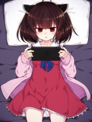 Rule 34 | 1girl, ahoge, black hair, blue ribbon, blush, cardigan, collarbone, collared dress, cowboy shot, dress, handheld game console, holding, holding handheld game console, lying, neck ribbon, null (nyanpyoun), on back, open cardigan, open clothes, parted lips, pillow, pink cardigan, red dress, red eyes, ribbon, short hair, solo, touhoku kiritan, variant set, voiceroid