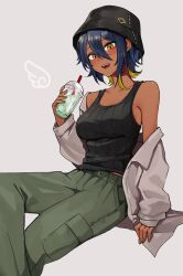 Rule 34 | 1girl, :d, agamemega, bare shoulders, black hat, black tank top, blue hair, blush, breasts, bucket hat, commentary request, cup, dark-skinned female, dark skin, drinking straw, hat, hat ornament, highres, holding, holding cup, looking at viewer, multicolored hair, open mouth, original, pants, short hair, simple background, sitting, smile, solo, streaked hair, tank top, teeth, tongue, upper teeth only, white background, yellow eyes