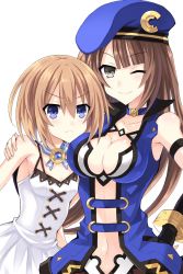Rule 34 | &gt;:(, 10s, 2girls, age difference, bad id, bad pixiv id, beret, blanc (neptunia), blue eyes, blush, breast envy, breasts, brown eyes, brown hair, c-sha, choker, cleavage, collarbone, dress, frown, hand on another&#039;s arm, hand on own hip, hat, hinano, long hair, multiple girls, neck ribbon, neptune (series), no headwear, one eye closed, onee-loli, ribbon, shin jigen game neptune vii, short hair, skirt, small breasts, smile, transparent background, v-shaped eyebrows, very long hair, white dress, yuri