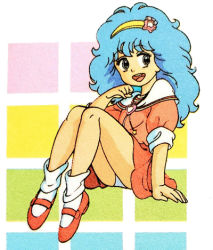 Rule 34 | 1980s (style), 1girl, blue eyes, blue hair, full body, hairband, light blue hair, long hair, lowres, mahou no yousei persia, mary janes, miniskirt, non-web source, official art, oldschool, open mouth, panties, pantyshot, persia (mahou no yousei persia), pink footwear, pink skirt, retro artstyle, shoes, short sleeves, skirt, solo, underwear, white panties