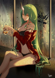 Rule 34 | 1girl, absurdres, arknights, backlighting, bare legs, black bra, black panties, bra, breasts, cleavage, closed mouth, cup, drink, feet out of frame, green hair, highres, holding, holding cup, horns, hoshiguma (arknights), ice, ice cube, indoors, kawausoman, lace, lace-trimmed panties, lace trim, crossed legs, long hair, long sleeves, looking at viewer, medium breasts, navel, off shoulder, open clothes, open shirt, panties, rain, red shirt, reflection, shirt, signature, single horn, sitting, skin-covered horns, smile, solo, strap gap, strap slip, underwear, very long hair, wet, window, yellow eyes