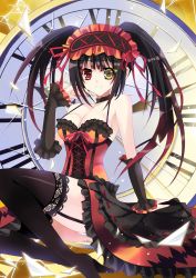 Rule 34 | 10s, 1girl, ass, bare shoulders, black hair, breasts, cleavage, clock, clock eyes, date a live, dress, female focus, garter straps, goth fashion, hairband, highres, legs, lolita fashion, lolita hairband, long hair, looking at viewer, open mouth, panties, pantyshot, red eyes, sitting, skirt, smile, solo, symbol-shaped pupils, thighhighs, thighs, tokisaki kurumi, twintails, underwear, upskirt, very long hair, white panties, yellow eyes