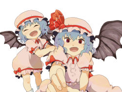 Rule 34 | 2girls, age difference, bad id, bad pixiv id, bat wings, blue hair, bow, child, clothes grab, dress, dual persona, closed eyes, fangs, female focus, hat, hat ribbon, looking at viewer, multiple girls, open mouth, red eyes, remilia scarlet, ribbon, sleeve grab, sutenuko, time paradox, touhou, wings, aged down