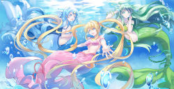 Rule 34 | 00s, 3girls, absurdres, blonde hair, blue eyes, blue hair, ein (artist), foreshortening, green eyes, green hair, highres, houshou hanon, jewelry, long hair, mermaid, mermaid melody pichi pichi pitch, monster girl, multiple girls, nanami lucia, necklace, outstretched arms, shell, shell bikini, spread arms, touin rina, twintails, underwater
