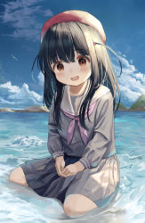 Rule 34 | 1girl, :d, beret, black hair, blue sky, blush, brown eyes, cloud, commentary request, day, full body, grey serafuku, grey shirt, grey skirt, hair between eyes, hat, highres, long hair, looking at viewer, mimikaki (men bow), neckerchief, open mouth, original, outdoors, pink neckerchief, pleated skirt, red hat, sailor collar, school uniform, serafuku, shallow water, shirt, sitting, skirt, sky, smile, solo, two side up, water, white sailor collar
