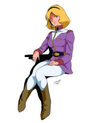 Rule 34 | belt, blonde hair, blue eyes, boots, breasts, full body, gundam, headset, high collar, highres, leggings, legs, legs together, looking at viewer, military uniform, mobile suit gundam, pantyhose, pgmajimaji, sayla mass, smile, tights, white leggings, white pantyhose