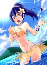 Rule 34 | 10s, 1girl, alternate hairstyle, ayase eli, ayase eli (cosplay), bikini, blue hair, brown eyes, cloud, cosplay, embarrassed, flower, hair flower, hair ornament, long hair, love live!, love live! school idol festival, love live! school idol project, navel, open mouth, oversized clothes, partially submerged, ponytail, sky, solo, sonoda umi, standing, sun, sweatdrop, swimsuit, tagme, wardrobe malfunction, water