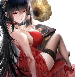 Rule 34 | 1girl, ahoge, azur lane, backless dress, backless outfit, bare shoulders, black hair, black thighhighs, blush, breasts, choker, cleavage, cocktail dress, collarbone, colored inner hair, crossed bangs, dress, from behind, hair between eyes, hair ornament, half-closed eyes, halter dress, halterneck, hand up, hbb, high heels, large breasts, long hair, looking at viewer, looking back, multicolored hair, official alternate costume, one side up, parted lips, phonograph, record, red choker, red dress, red eyes, red footwear, simple background, sitting, smile, solo, stiletto heels, taihou (azur lane), taihou (forbidden feast) (azur lane), thighhighs, thighs, turntable, very long hair, white background