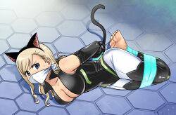 Rule 34 | 1girl, animal ears, bdsm, blonde hair, blue eyes, bondage, bound, bound ankles, bound legs, bound wrists, breasts, cat ears, cat tail, cleavage, cloth gag, eden&#039;s zero, gag, gagged, highres, improvised gag, large breasts, looking at viewer, lost one zero, over the nose gag, rebecca bluegarden, solo, tail