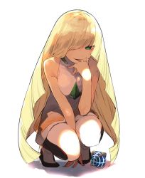 Rule 34 | 1girl, bare shoulders, blonde hair, breasts, commentary request, creatures (company), dress, full body, game freak, green eyes, hair over one eye, hand on own chin, haruba negi, high heels, highres, long hair, looking at viewer, lusamine (pokemon), mature female, multicolored pants, nintendo, pants, parted lips, pokemon, pokemon sm, shadow, simple background, sleeveless, sleeveless dress, solo, squatting, very long hair, white background, white dress