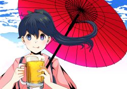 Rule 34 | 1girl, alcohol, beer, beer mug, black hair, blue eyes, blue sky, cloud, commentary request, cup, high ponytail, highres, houshou (kancolle), japanese clothes, kantai collection, kimono, long hair, looking at viewer, mug, oil-paper umbrella, pako (pousse-cafe), pink kimono, red umbrella, sky, solo, tasuki, tongue, tongue out, umbrella, upper body
