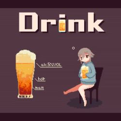 Rule 34 | 1girl, alcohol, animated, beer, beer mug, blue sweater, chair, cup, drunk, english text, female focus, glitch, grey hair, letterboxed, looping animation, mug, no pants, original, purple background, scanlines, simple background, sitting, solo, sotie, sweater, swinging legs, video