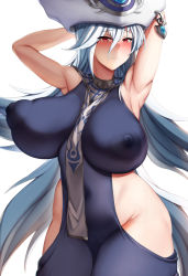 Rule 34 | 1girl, arms up, blue eyes, blush, breasts, covered erect nipples, curvy, dantes ward, embarrassed, hat, highres, hip vent, huge breasts, long hair, looking at viewer, magical girl, silent magician, silver hair, simple background, yu-gi-oh!