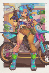 Rule 34 | 1girl, alternate costume, asymmetrical clothes, asymmetrical gloves, bandaid, bandaid on cheek, bandaid on face, bandaid on knee, bandaid on leg, blue eyes, blue footwear, blue gloves, blue hair, blue shirt, boots, border, bridge, brown gloves, brown pants, bulma, clenched hand, commentary, cropped shirt, dirtbike, dragon ball, dragonball z, edwin huang, english commentary, gloves, goggles, goggles around neck, grey border, gun, hair behind ear, hand on own hip, holding, holding gun, holding weapon, leaning to the side, looking at viewer, medium hair, mismatched gloves, motor vehicle, motorcycle, one side up, outside border, pants, parted lips, shirt, shoulder pads, single pantsleg, solo, submachine gun, weapon, white shirt