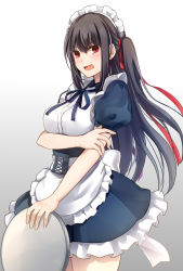 Rule 34 | 1girl, anri mike, apron, back bow, black hair, black sleeves, blue ribbon, blue skirt, blush, bow, breasts, cowboy shot, dress shirt, embarrassed, frilled skirt, frills, gradient background, grey background, hair between eyes, hair ribbon, highres, holding, holding plate, long hair, maid, maid headdress, medium breasts, miniskirt, neck ribbon, open mouth, original, plate, red eyes, red ribbon, ribbon, shirt, short sleeves, side ponytail, skirt, solo, standing, underbust, very long hair, waist apron, white apron, white background, white bow, white shirt, wing collar