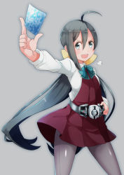 Rule 34 | 10s, 1girl, :d, ahoge, aqua eyes, belt, blue hair, bow, bowtie, card, comah, dress, grey background, grey hair, hair between eyes, hair ribbon, hand on belt, holding, holding card, kamen rider, kamen rider dcd, kantai collection, kiyoshimo (kancolle), long hair, long sleeves, looking at viewer, low twintails, multicolored hair, open mouth, pantyhose, purple pantyhose, ribbon, rider belt, school uniform, shirt, simple background, sleeveless, sleeveless dress, smile, solo, twintails, very long hair, white shirt
