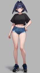 Rule 34 | 1girl, absurdres, alternate costume, bare legs, black shirt, blue eyes, blue hair, blue shorts, bluefield, breasts, casual, chain, chain headband, crop top, crop top overhang, cutoffs, denim, denim shorts, full body, grey background, hair intakes, hand on own hip, head chain, highres, hololive, hololive english, jewelry, large breasts, looking at viewer, midriff, navel, ouro kronii, shirt, shoes, short hair, short shorts, shorts, simple background, sneakers, solo, standing, stomach, thighs, virtual youtuber