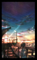 Rule 34 | 1girl, ahoge, blurry, border, building, city, cloud, commentary, depth of field, dusk, from behind, haiki (hakkyoii06), highres, horizon, lamppost, neck ribbon, original, railing, ribbon, scenery, see-through, shooting star, short hair, sky, solo, stairs, star (sky), upper body, wind