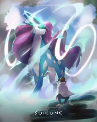 Rule 34 | 1boy, brown hair, cape, character name, closed mouth, cloud, commentary, copyright name, creatures (company), day, energy, english commentary, eusine (pokemon), frown, game freak, gen 2 pokemon, glowing, glowing eyes, highres, kelvin-trainerk, kneeling, legendary pokemon, long sleeves, male focus, nintendo, on one knee, outdoors, pants, pokemon, pokemon (creature), pokemon hgss, shoes, short hair, sky, suicune, twitter username, white cape, white footwear