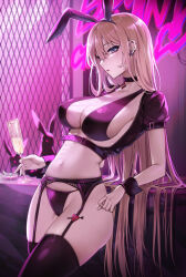 Rule 34 | 1girl, animal ears, bikini, black bikini, black choker, black thighhighs, blonde hair, blue eyes, breasts, champagne flute, choker, cleavage, collarbone, cowboy shot, crop top, cup, drinking glass, duplicate, ear piercing, earrings, fake animal ears, garter belt, highres, holding, holding cup, jewelry, large breasts, leaning back, long hair, looking at viewer, navel, original, parted lips, piercing, pixel-perfect duplicate, rabbit, rabbit ears, raku (clearpage), revealing clothes, short sleeves, shrug (clothing), skindentation, solo, standing, stomach, string bikini, swimsuit, thighhighs, thighs, very long hair, wrist cuffs