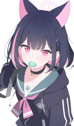 Rule 34 | 1girl, animal ears, biohazard symbol, black choker, black hair, black jacket, blue archive, blue sailor collar, cat ears, choker, collarbone, commentary request, drawstring, food, food in mouth, hair ornament, hairclip, halo, highres, hood, hood down, hooded jacket, jacket, jyt, kazusa (blue archive), long sleeves, looking at viewer, macaron, mouth hold, multicolored hair, pink eyes, pink hair, sailor collar, school uniform, simple background, sleeves past fingers, sleeves past wrists, solo, two-tone hair, upper body, white background
