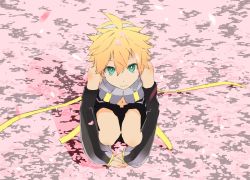 Rule 34 | 1boy, aqua eyes, aqua nails, belt, black shorts, black sleeves, blonde hair, cherry blossoms, commentary, d futagosaikyou, detached sleeves, from above, headphones, highres, kagamine len, kagamine len (append), hugging own legs, looking at viewer, male focus, nail polish, navel, petals, shirt, shorts, sleeveless, sleeveless shirt, spiked hair, squatting, vocaloid, vocaloid append