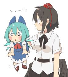 Rule 34 | 2girls, :d, ankle socks, arm at side, belt, bird wings, black belt, black bow, black bowtie, black ribbon, black skirt, black wings, blue bow, blue dress, blue hair, blue wings, blush stickers, bob cut, bow, bowtie, brown footwear, carrying, carrying person, cirno, citrus (place), closed mouth, collared shirt, commentary request, detached wings, dot nose, dress, empty eyes, feathered wings, full body, furrowed brow, hair between eyes, hair bow, hat, highres, lifting person, looking at another, looking at viewer, looking to the side, low wings, mary janes, mini person, minigirl, motion lines, multiple girls, neck ribbon, open hands, open mouth, parted lips, pinafore dress, pleated skirt, pointy ears, profile, puffy short sleeves, puffy sleeves, red bow, red bowtie, red headwear, red ribbon, ribbon, sanpaku, shameimaru aya, shirt, shoes, short hair, short sleeves, simple background, size difference, skirt, sleeveless, sleeveless dress, smile, socks, tokin hat, touhou, translation request, upper body, v-shaped eyebrows, white background, white shirt, white socks, wide-eyed, wing collar, wings