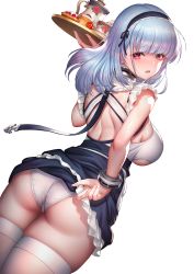 Rule 34 | 1girl, ass, azur lane, black hairband, blush, bracelet, breasts, brick (atelier brick), clothes lift, cup, dido (azur lane), frilled skirt, frills, hairband, jewelry, large breasts, looking at viewer, looking back, maid, medium hair, open mouth, panties, purple eyes, simple background, skirt, skirt lift, solo, teacup, teapot, thighhighs, tray, underwear, white background, white hair, white panties, white thighhighs