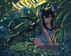Rule 34 | 1girl, absurdres, animal ear fluff, animal ears, bare arms, bare shoulders, black hair, blush, cat ears, closed mouth, commentary request, dappled sunlight, dress, green eyes, hair between eyes, head tilt, highres, kgt (pixiv12957613), long hair, original, partially submerged, plant, sleeveless, sleeveless dress, solo, sunlight, twintails, very long hair, water, wet, wet hair, white dress