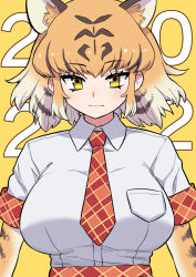 Rule 34 | 1girl, 2022, animal ear fluff, animal ears, animal print, breast pocket, breasts, chinese zodiac, commentary request, elbow gloves, extra ears, gloves, gradient hair, highres, kemono friends, large breasts, looking at viewer, multicolored hair, necktie, oogushi aritomo, orange hair, plaid trim, pocket, print gloves, print necktie, shirt, short hair, short sleeves, simple background, smile, solo, tiger (kemono friends), tiger ears, tiger print, upper body, white hair, white shirt, year of the tiger, yellow background, yellow eyes