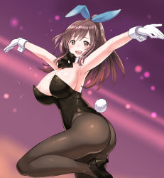 Rule 34 | 1girl, areola slip, armpits, arms up, ass, bare shoulders, black leotard, blush, bow, bowtie, breasts, brown eyes, brown hair, brown pantyhose, cleavage, covered erect nipples, detached collar, gloves, hair bow, high heels, idolmaster, idolmaster shiny colors, large breasts, legs folded, leotard, long hair, looking at viewer, open mouth, outstretched arms, pantyhose, playboy bunny, ponytail, solo, strapless, strapless leotard, tsukioka kogane, white gloves, wrist cuffs, zaxwu