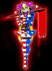 Rule 34 | 1girl, adapted costume, alternate costume, alternate legwear, american flag dress, american flag gloves, american flag legwear, bare shoulders, belt, black background, blonde hair, blood, bloody weapon, choker, clownpiece, constricted pupils, crazy, crazy eyes, crazy smile, elbow gloves, gloves, glowing, groin, hat, highleg, highleg leotard, highres, hood, jester cap, leotard, looking at viewer, multicolored background, multiple belts, open mouth, red background, red eyes, showgirl skirt, skinny, smile, solo, thighhighs, touhou, tsukikage muntosu, v, weapon, zipper
