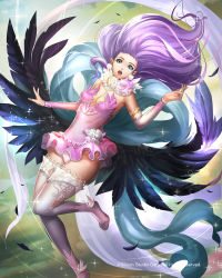 Rule 34 | 1girl, bare shoulders, blue eyes, breasts, bustier, cleavage, cloud, dress, elbow gloves, flying, frilled skirt, frills, glint, gloves, long hair, looking at viewer, low wings, narongchai singhapand, open mouth, pointy ears, purple hair, signature, skirt, sky, solo, sparkle, wings