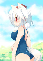Rule 34 | 1girl, animal ears, breasts, female focus, hat, inubashiri momiji, large breasts, one-piece swimsuit, red eyes, school swimsuit, short hair, silver hair, solo, swimsuit, tail, toba hiyoko, tokin hat, touhou, wolf ears, wolf tail